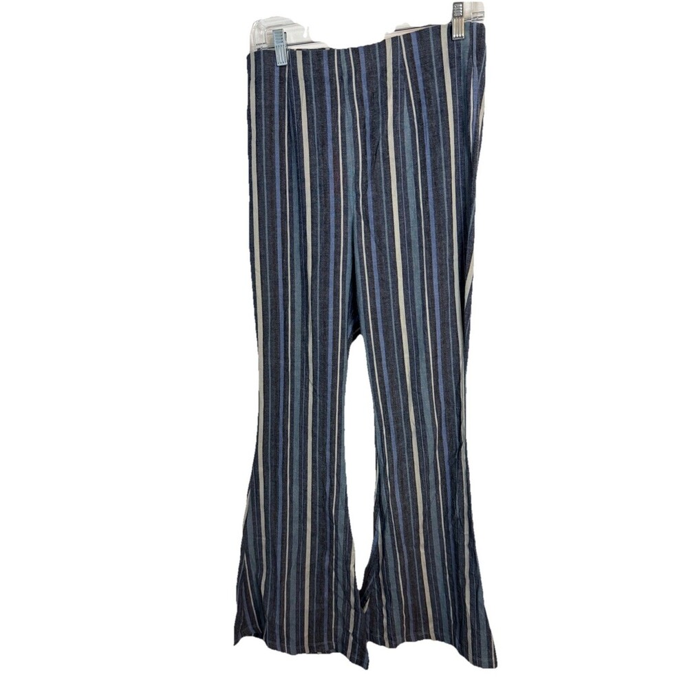 Free People Striped Flare Pants Large Blue Cotton Blend Pull On Boho Retro 70s
